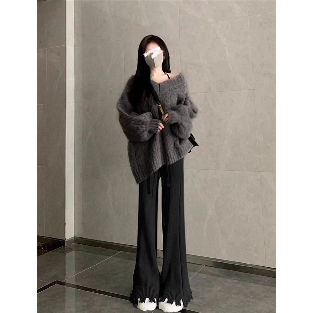 慵懶風針織毛衣麻花時尚拖地流蘇直筒褲兩件套裝-HaloBless