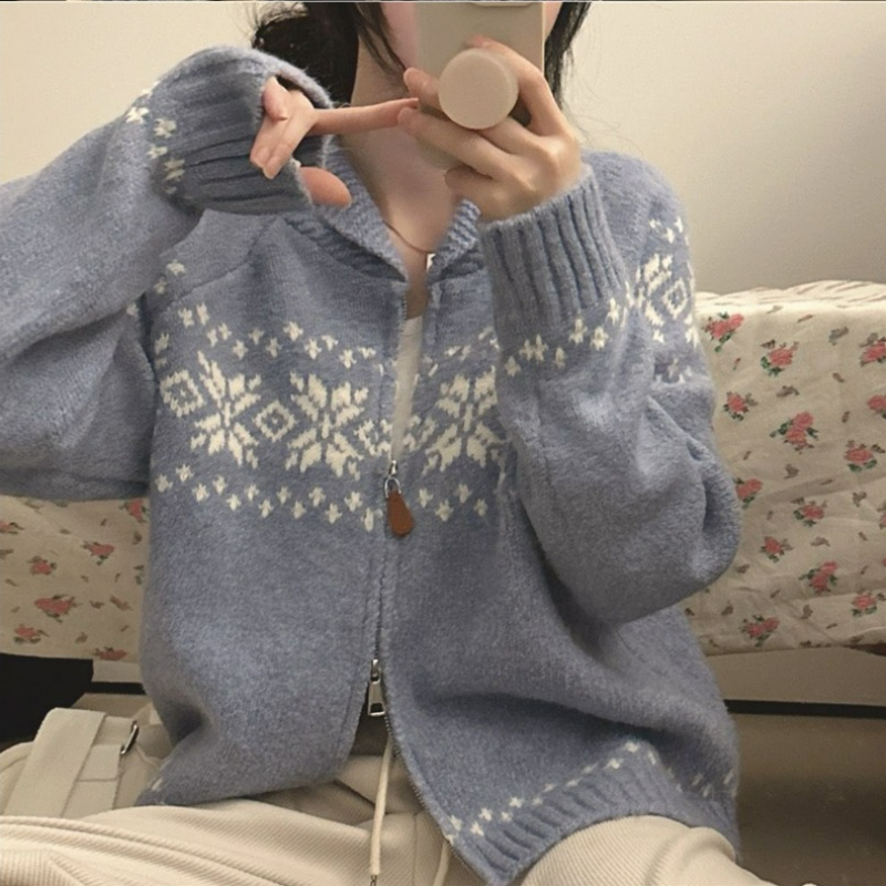 復古甜美提花寬鬆百搭雙頭拉鍊針織開衫