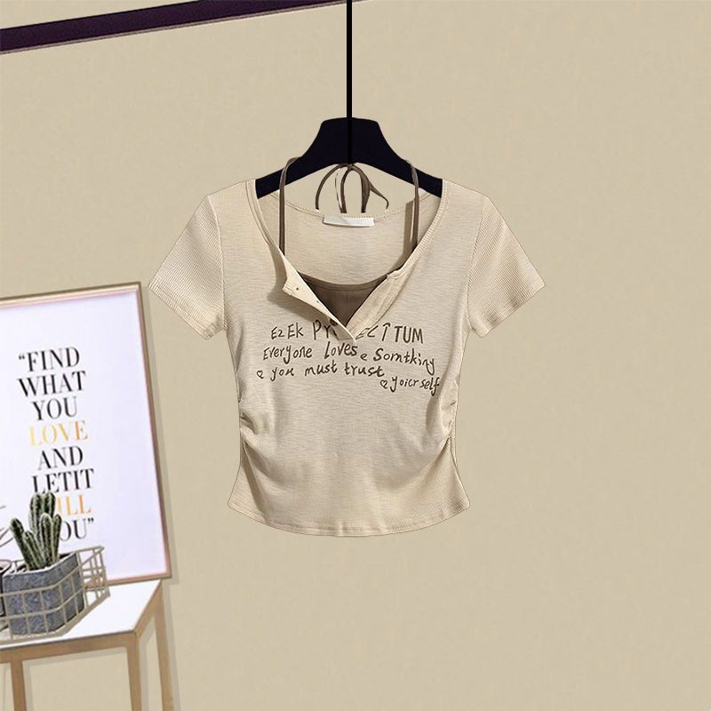 【單件/套裝】掛脖式假兩件短袖顯瘦工裝裙兩件套裝-HaloBless