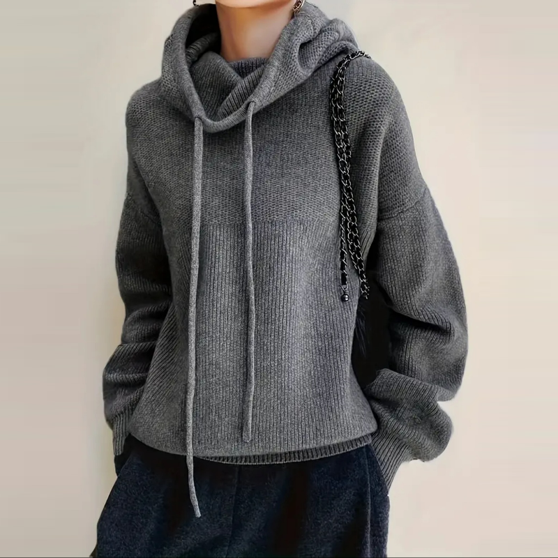 堆堆領慵懶風素色寬鬆加厚連帽針織毛衣