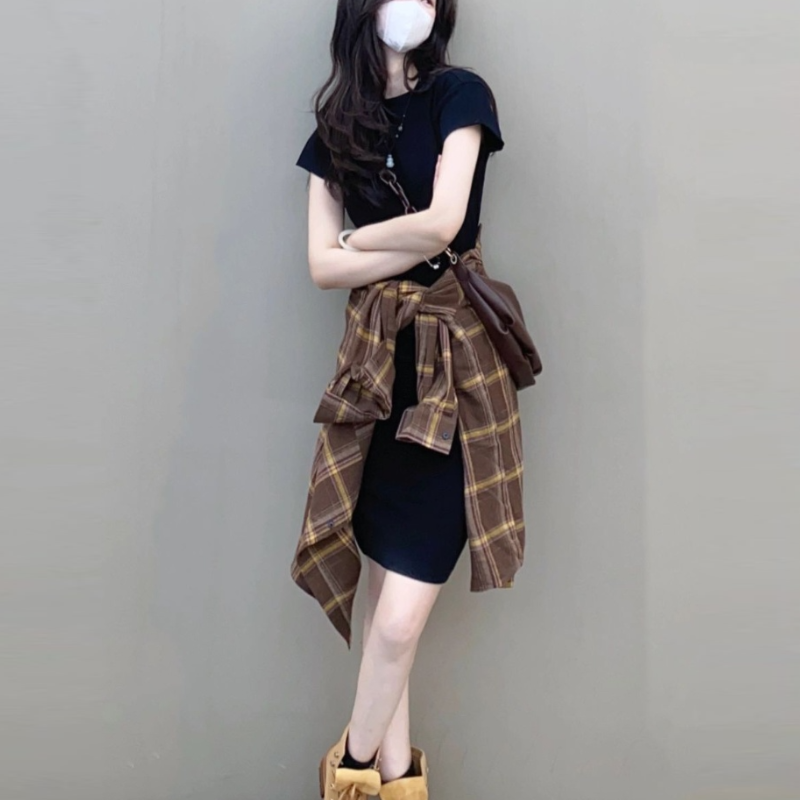 【單品/套裝】韓版顯瘦格紋襯衫洋装两件套裝-HaloBless