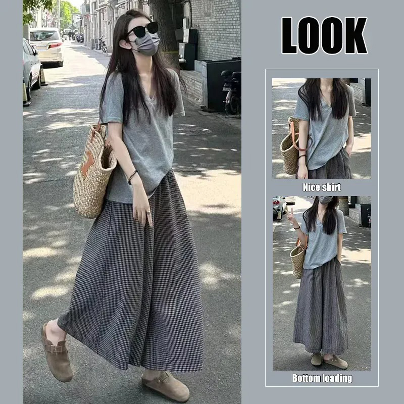 【單件/整套】休閒透氣涼爽V領短袖T恤+格子垂墜感寬鬆長褲兩件套裝-HaloBless