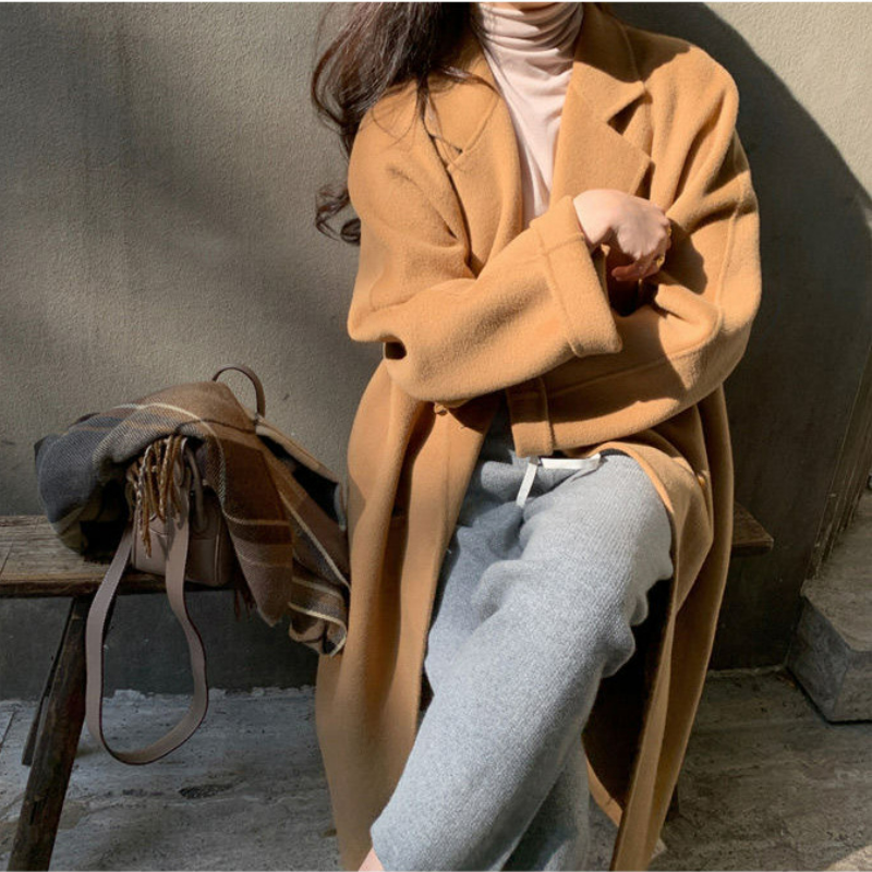 韓系中長版寬鬆高級感雙排扣仿毛呢外套