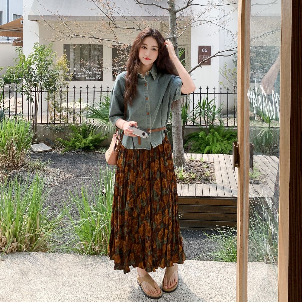 【單品/套裝】短袖牛仔襯衫碎花半身裙兩件套裝-HaloBless