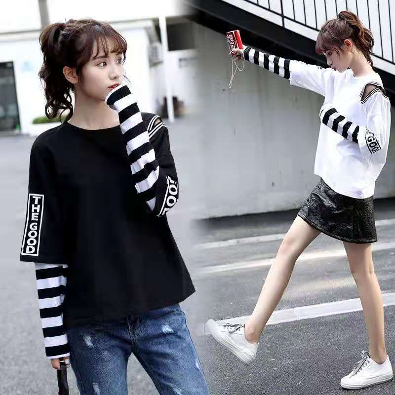 韓版寬鬆百搭拼接假兩件露肩長袖-HaloBless