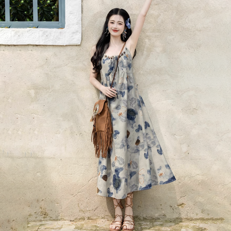 【單件/套裝】氣質油畫風吊帶連身裙+鏤空文藝開衫兩件套裝-HaloBless