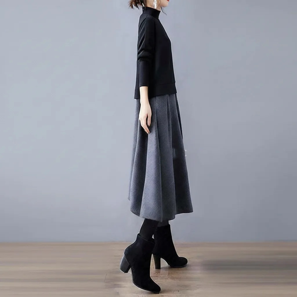 日韓休閑圓領長袖潮流拼色假兩件洋裝