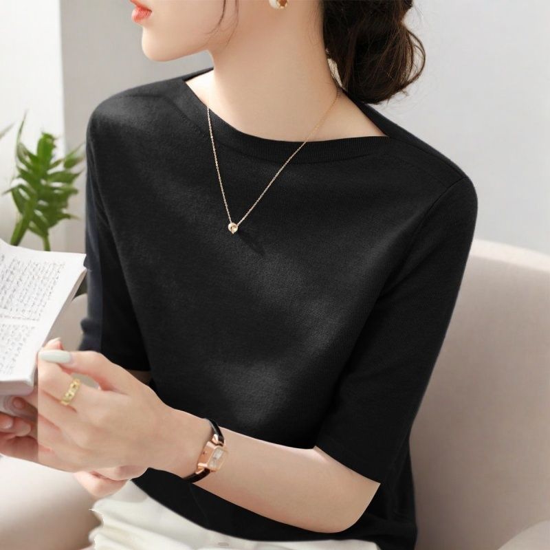 氣質百搭螺紋一字領修身顯瘦中袖打底衫-HaloBless