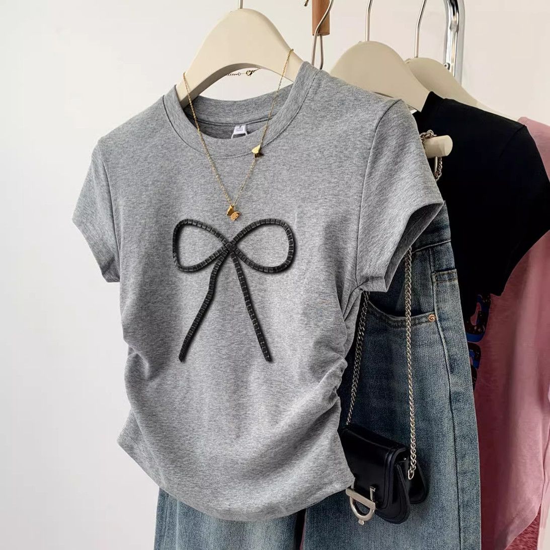 百搭純棉立體蝴蝶結修身顯瘦短袖T恤-HaloBless