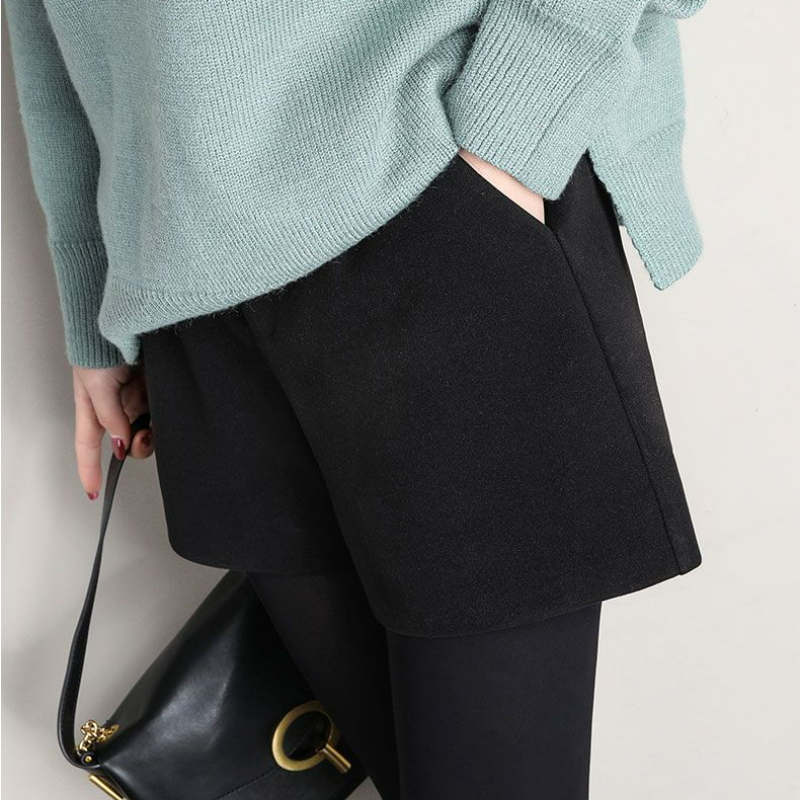 顯瘦毛呢加厚寬鬆A字高腰闊腿短褲