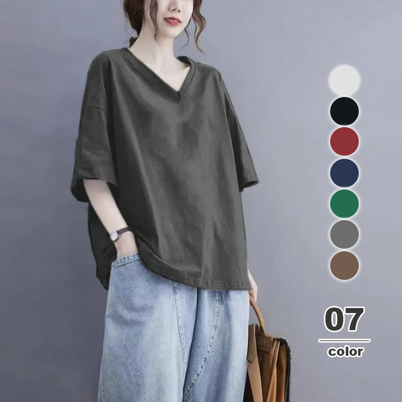 美式慵懶風設計感小眾純棉V領短袖t恤-HaloBless