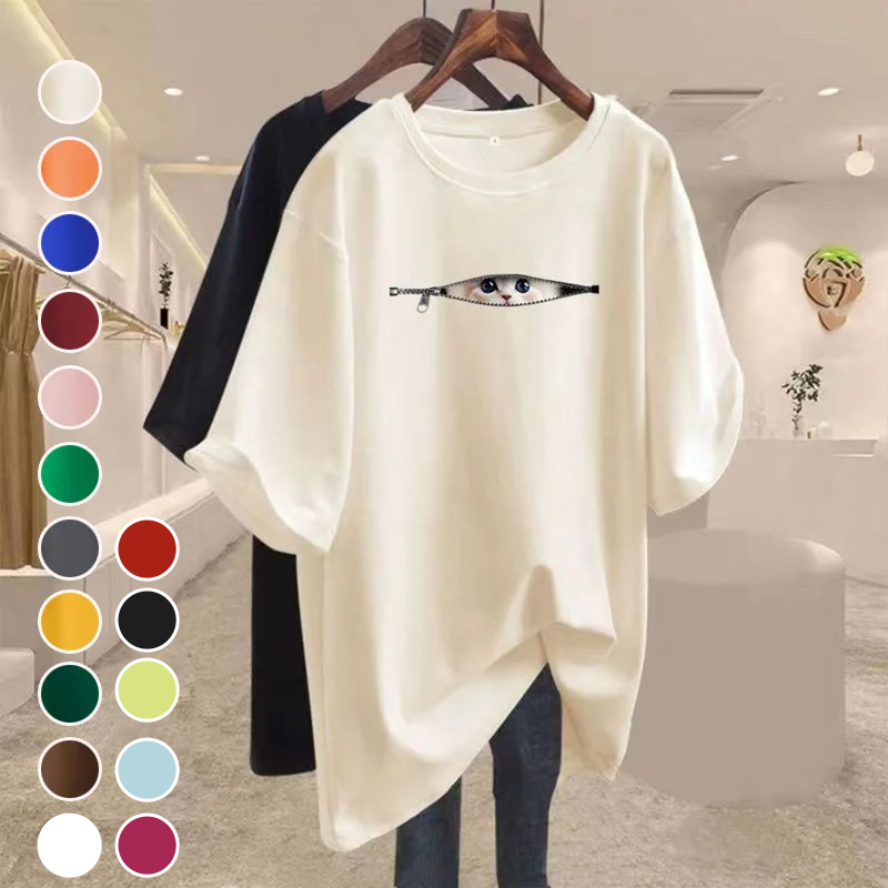 16色純棉寬鬆可愛貓咪寬鬆中長款百搭短袖T恤-HaloBless