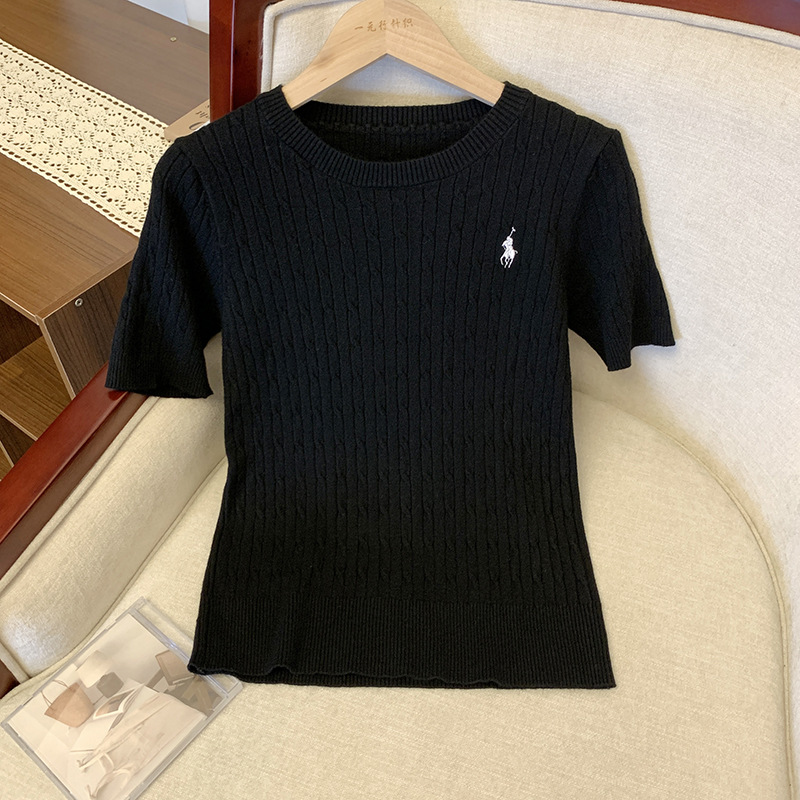 軟糯親膚小馬刺繡麻花針織衫百搭短袖