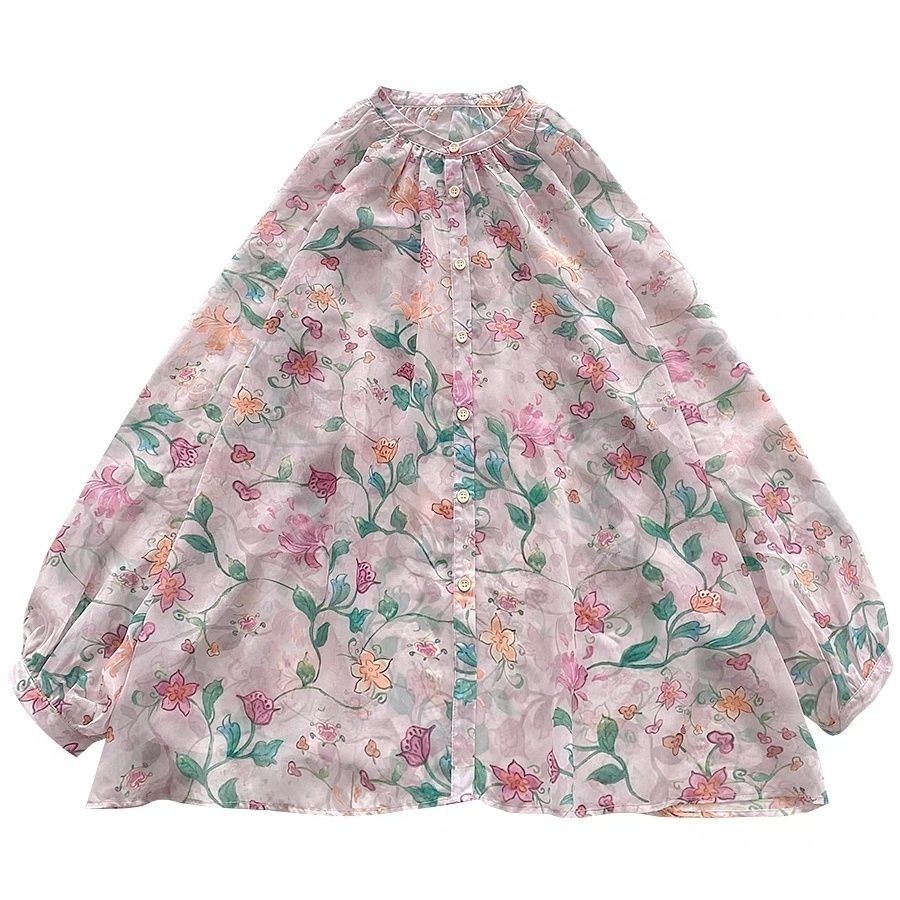 雪紡碎花寬鬆薄紗燈籠袖防曬襯衫-HaloBless