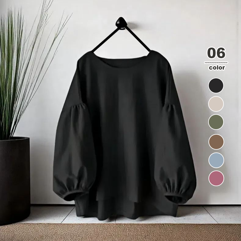 寬鬆休閒素色圓領長袖泡泡袖襯衫-HaloBless