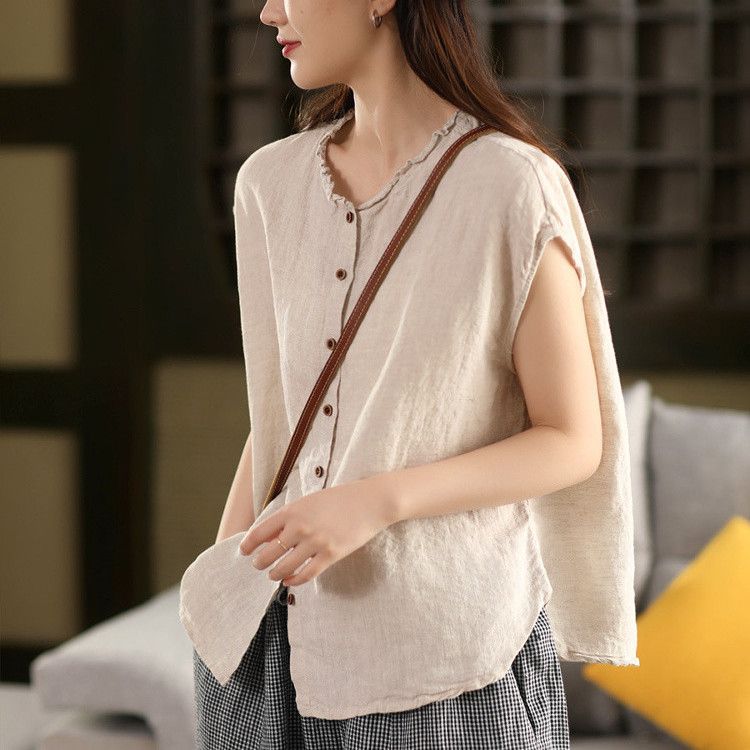 5色重工棉麻木耳領復古單排扣百搭無袖襯衫