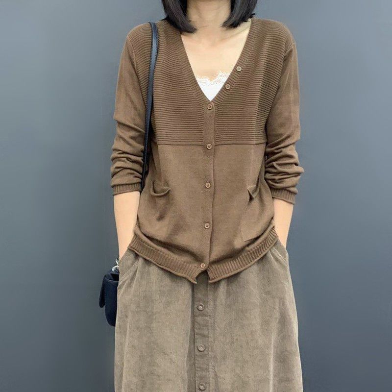 寬鬆顯瘦文藝純色長袖薄款針織開衫-HaloBless