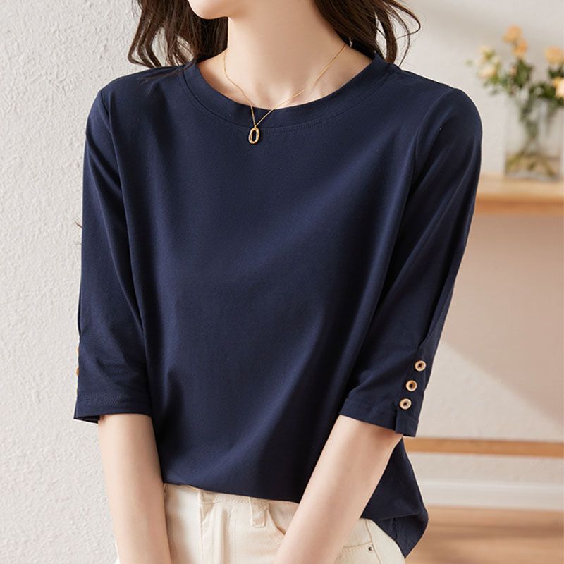 紐扣設計時尚休閒百搭顯瘦七分中袖T恤
