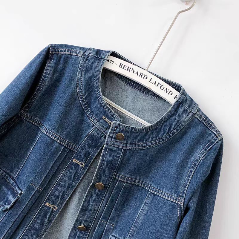 圓領壓褶短版正肩修身顯瘦牛仔夾克-HaloBless