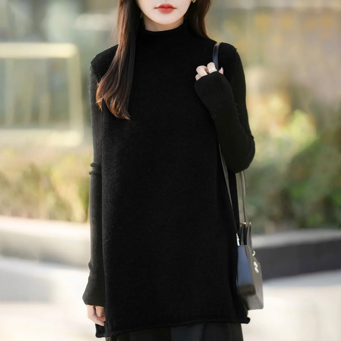 半高領中長版寬鬆背心坎肩羊毛針織馬甲