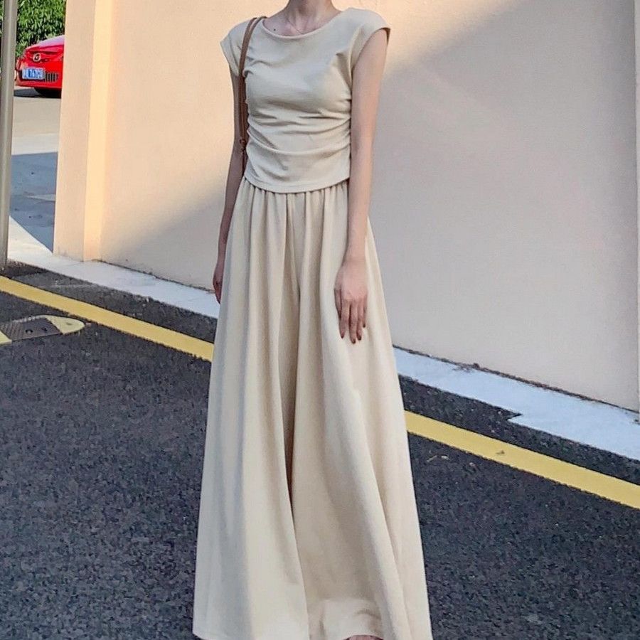 【整套】韓系穿搭一整套顯瘦掐腰短袖T恤+闊腿長褲兩件套裝