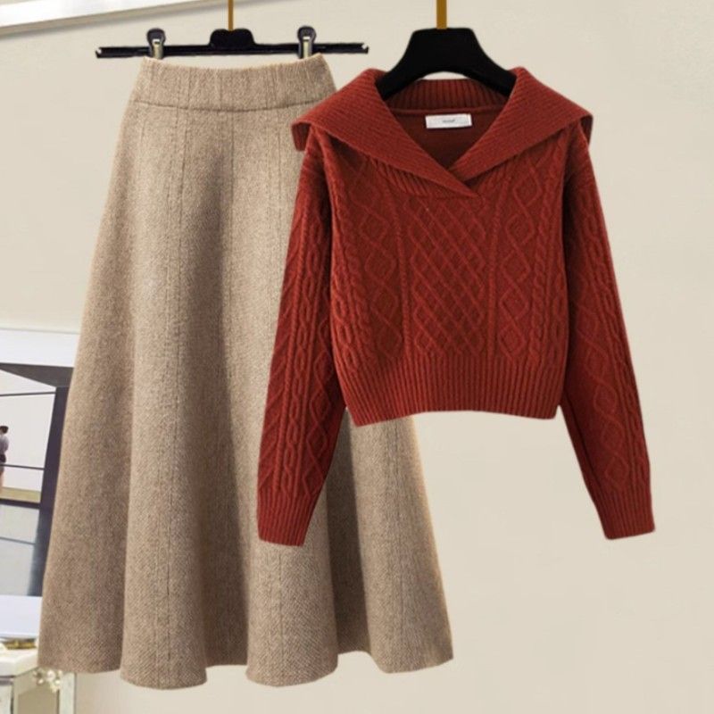 【單件/套裝】慵懶風娃娃領麻花毛衣+高腰A字針織半身裙兩件套