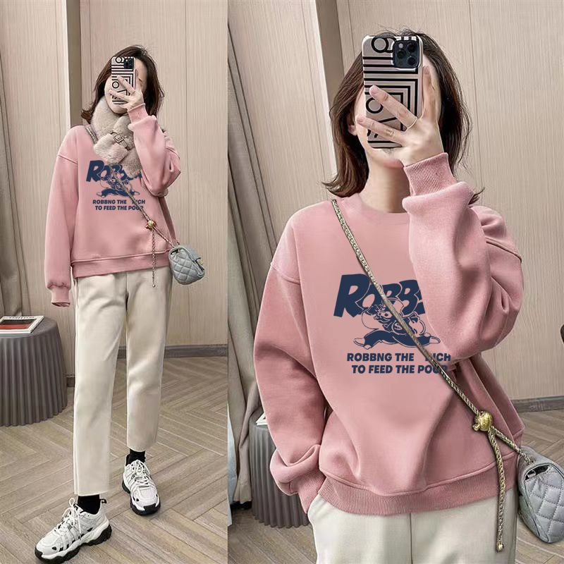 薄款oversize寬鬆印花圓領洋氣大碼長袖T恤