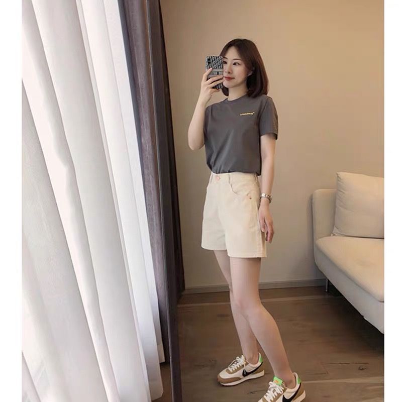 【單件/套裝】休閒百搭寬鬆時尚灰色短袖T恤+白色短褲兩件套裝