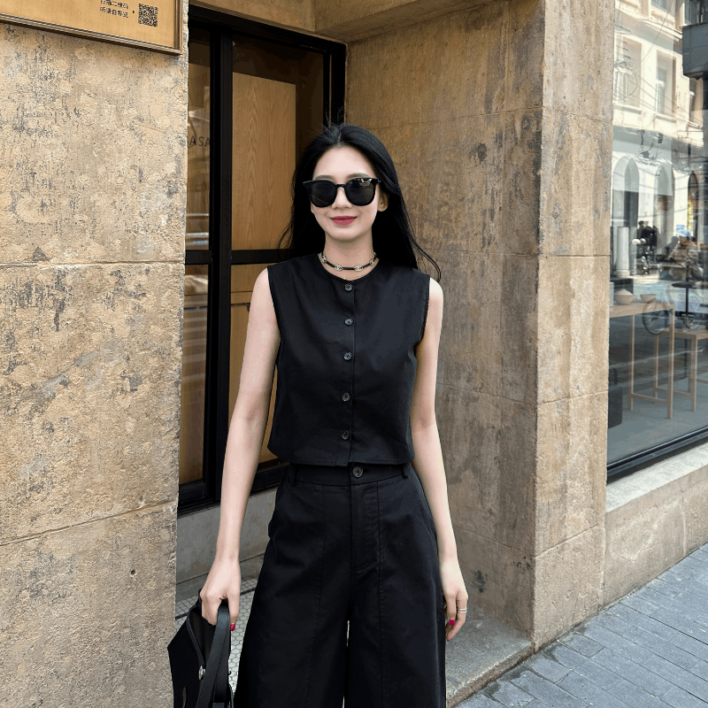 【單件/套裝】極簡設計兩穿無袖背心+寬鬆闊腿褲兩件套裝-HaloBless