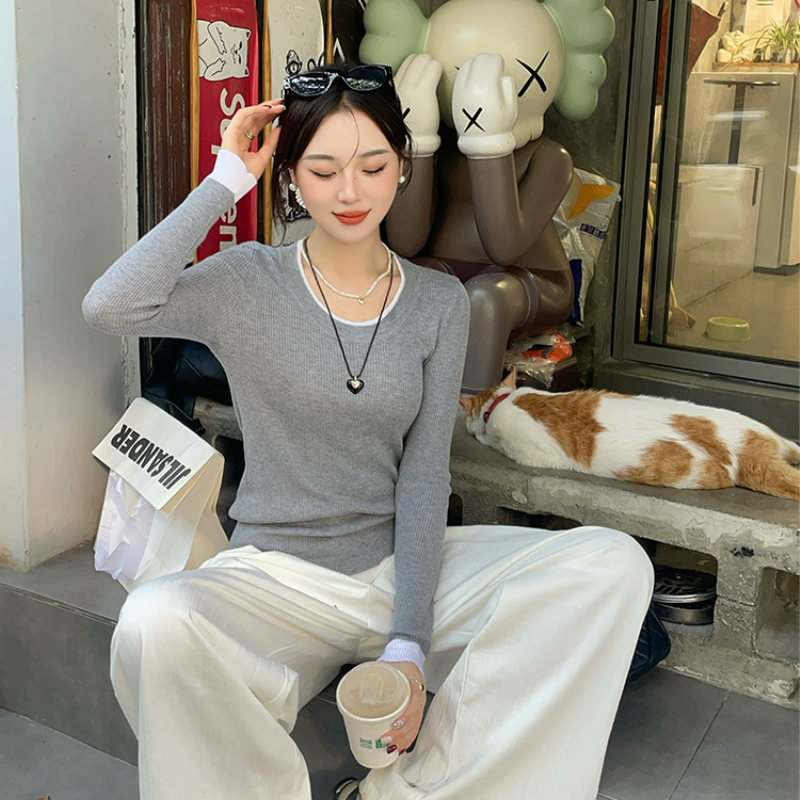 圓領撞色內搭設計感針織長袖T恤-HaloBless