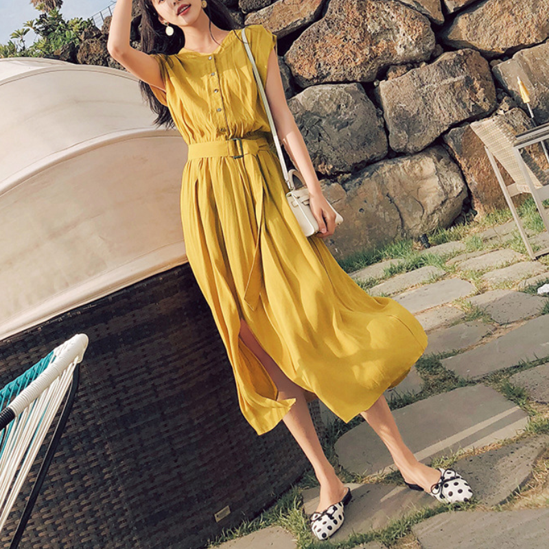 韓版優雅氣質小眾過膝收腰雪紡連身裙-HaloBless