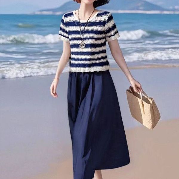 【單件/套裝】多巴胺洋氣條紋薄款針織衫+時尚半身裙兩件套裝
