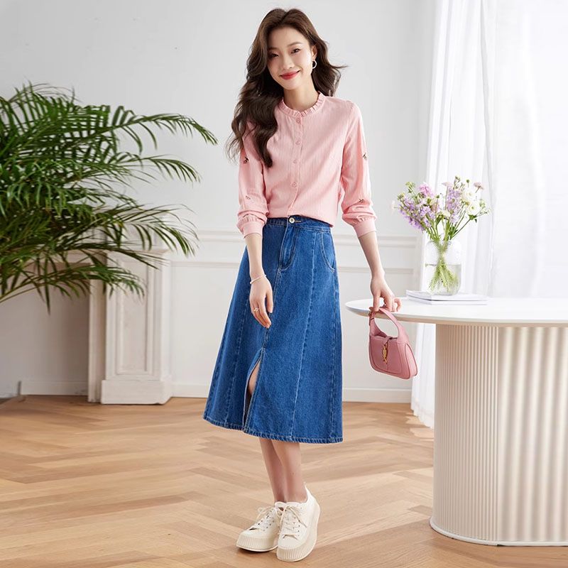 法式木耳邊立領氣質刺繡長袖襯衫-HaloBless