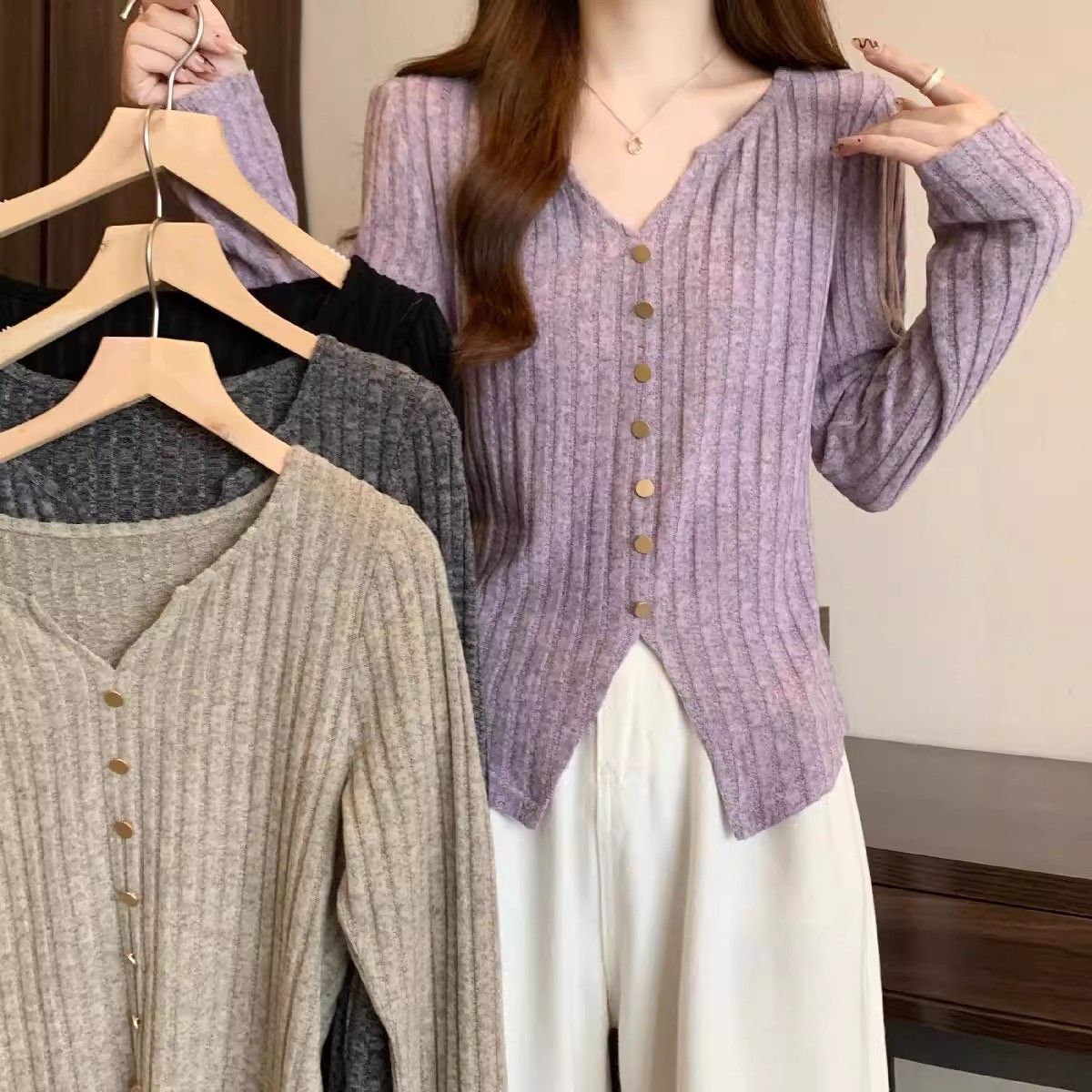 大碼薄款顯瘦V領設計感長袖打底針織衫