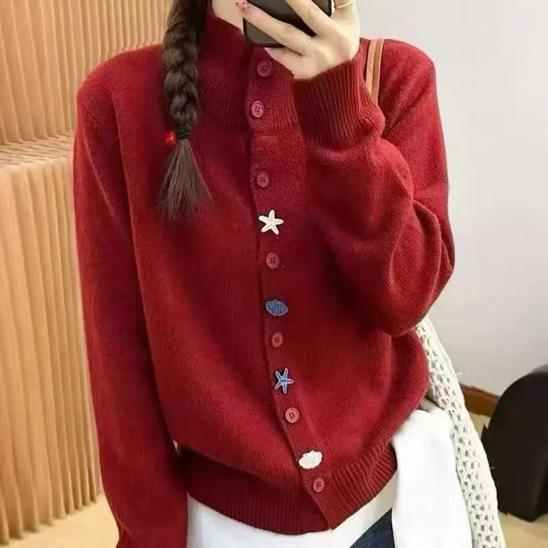 慵懶休閒高領大碼顯瘦減齡海星扣針織開衫