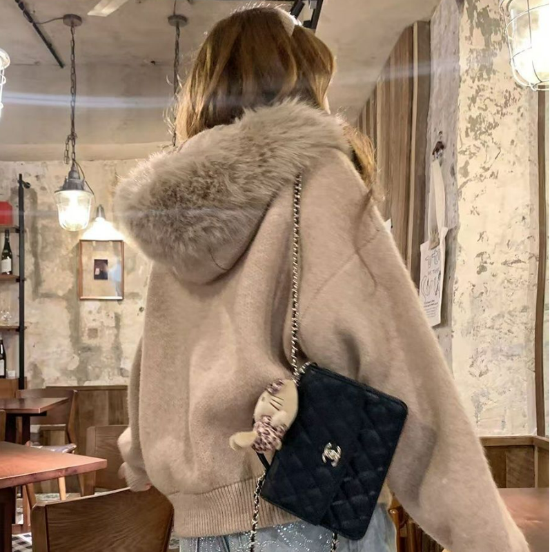 大毛領外套寬鬆顯瘦軟糯毛衣針織開衫-HaloBless