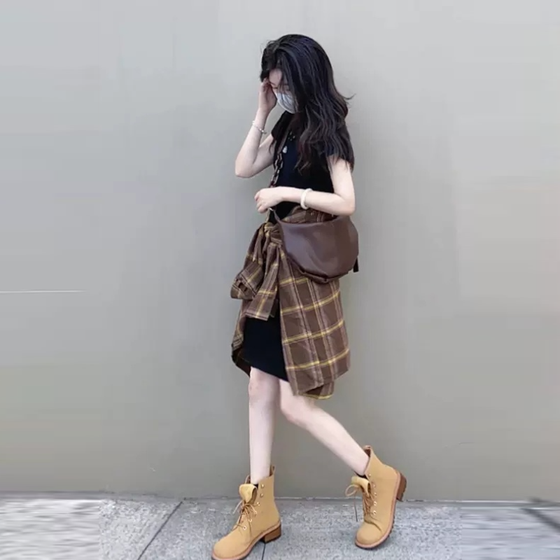 【單品/套裝】韓版顯瘦格紋襯衫洋装两件套裝-HaloBless