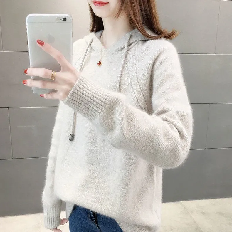 寬鬆套頭素色高級感連帽針織毛衣