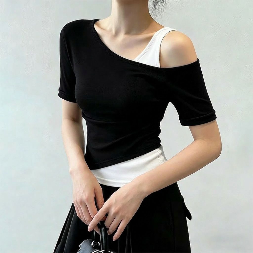 斜肩假兩件修身顯瘦拼色氣質休閒T恤
