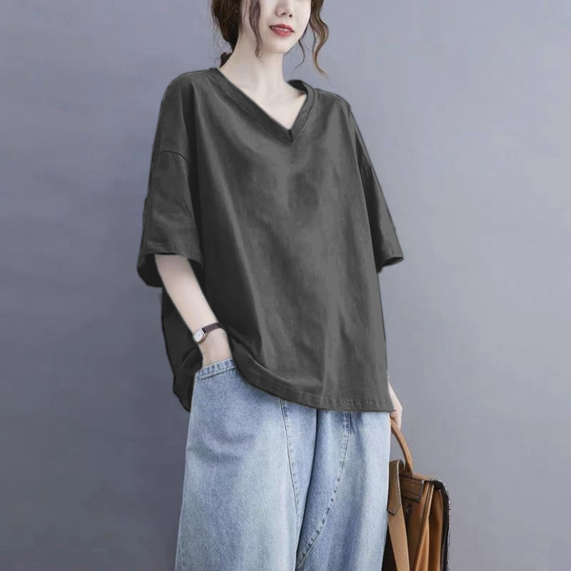 美式慵懶風設計感小眾純棉V領短袖t恤-HaloBless