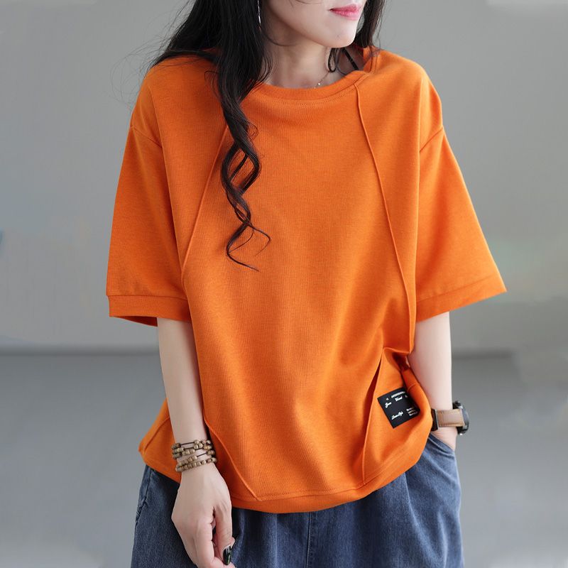 文藝純棉寬鬆復古圓領拼接短袖T恤-HaloBless