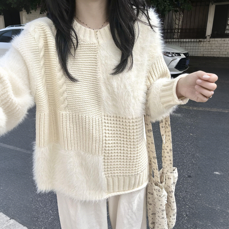 高級感慵懶風寬鬆重工拼接針織毛衣