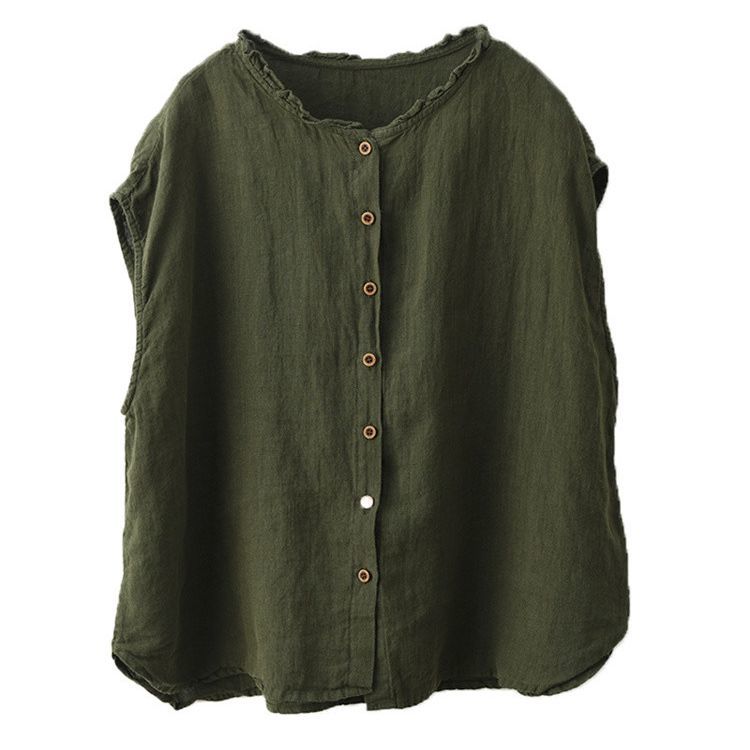 5色重工棉麻木耳領復古單排扣百搭無袖襯衫