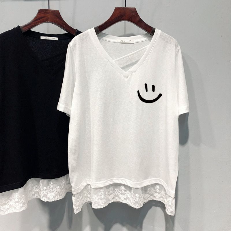 氣質顯瘦假兩件蕾絲花邊V領短袖T恤-HaloBless