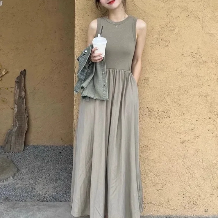 【單件/整套】法式輕熟風坎肩牛仔馬甲+背心連身裙兩件套裝