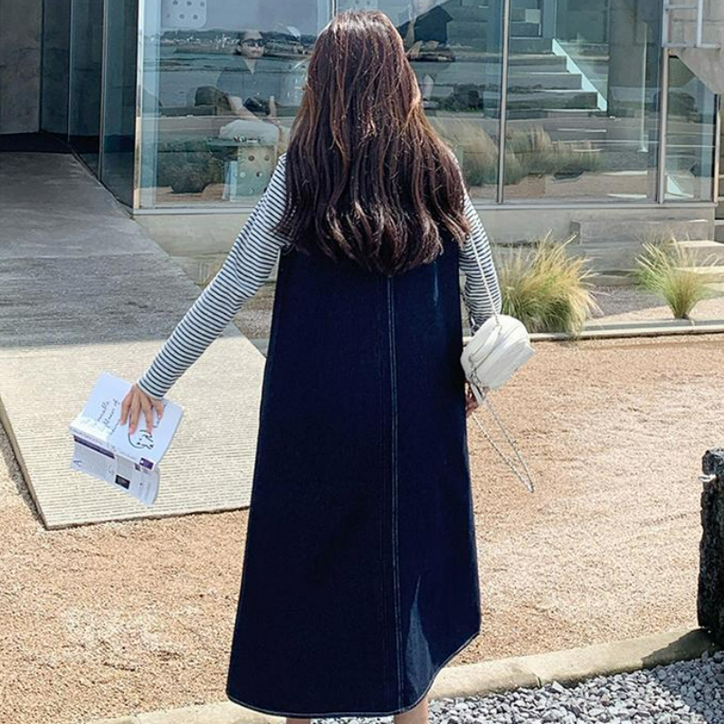 【單件/套裝】韓系條紋顯瘦上衣+復古牛仔背心洋裝兩件套-HaloBless