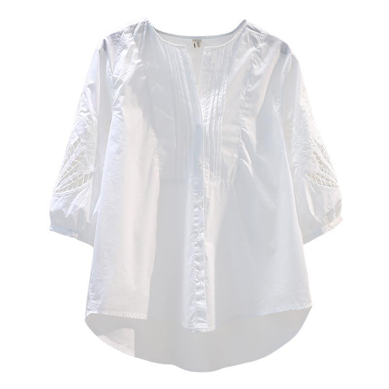 韓版純棉鏤空繡花清新寬鬆中袖襯衫-HaloBless