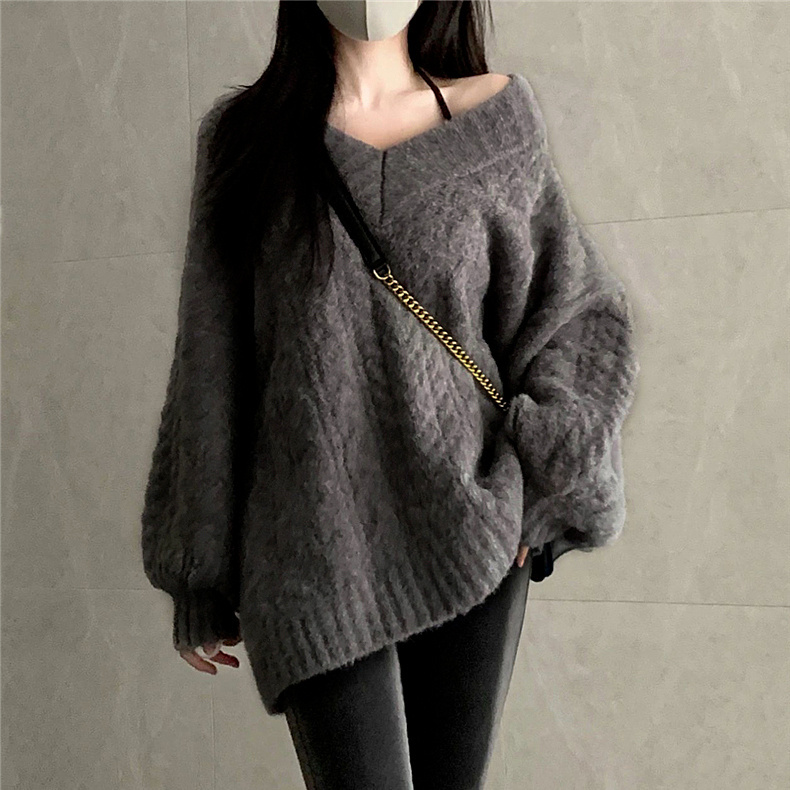 【單件/套裝】溫柔鹽系韓版慵懶風v領麻花毛衣+黑色針織褲兩件套