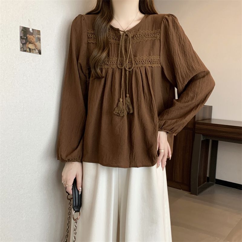 法式鏤空顯瘦復古高級感寬鬆蕾絲刺繡襯衫