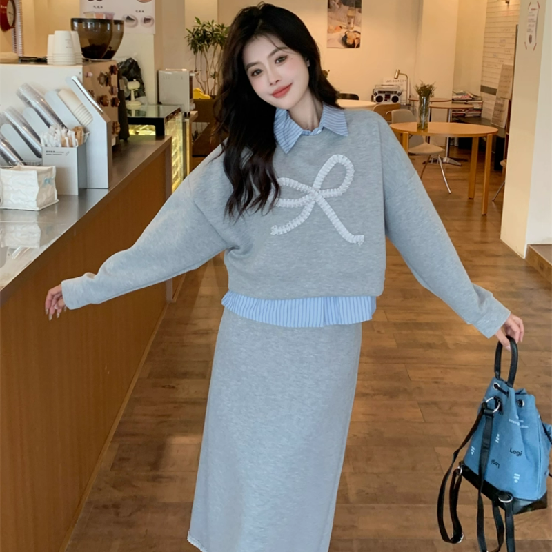 【整套】POLO領條紋拼接長袖衛衣+高腰包臀半裙兩件套裝-HaloBless